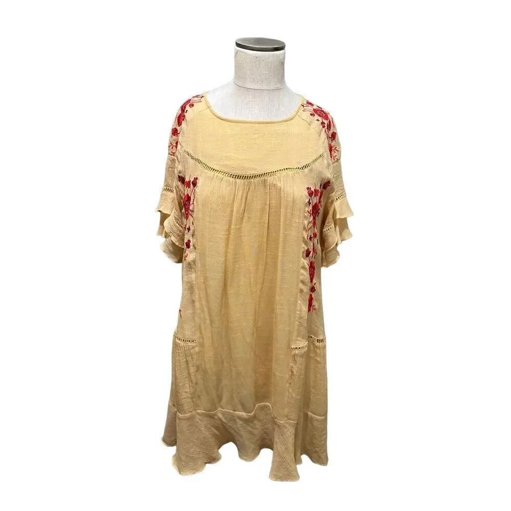Altard State Women’s Yellow Embroidered Red Floral Boho Tunic Dress Flowy Size L